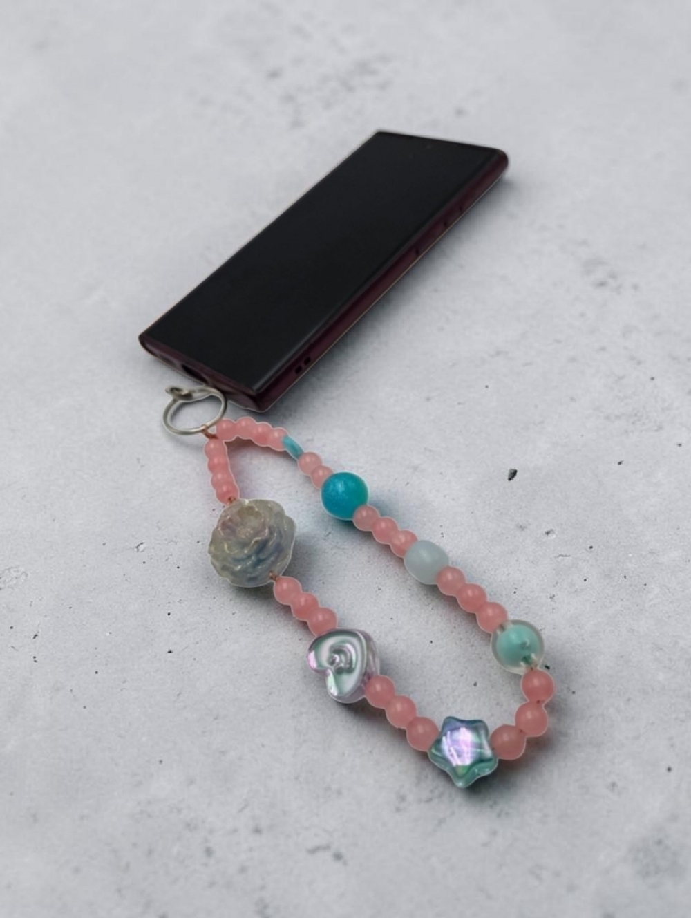 Handmade Blue & Pink Beaded Phone Charm w/ Floral Accent Strap Accessory